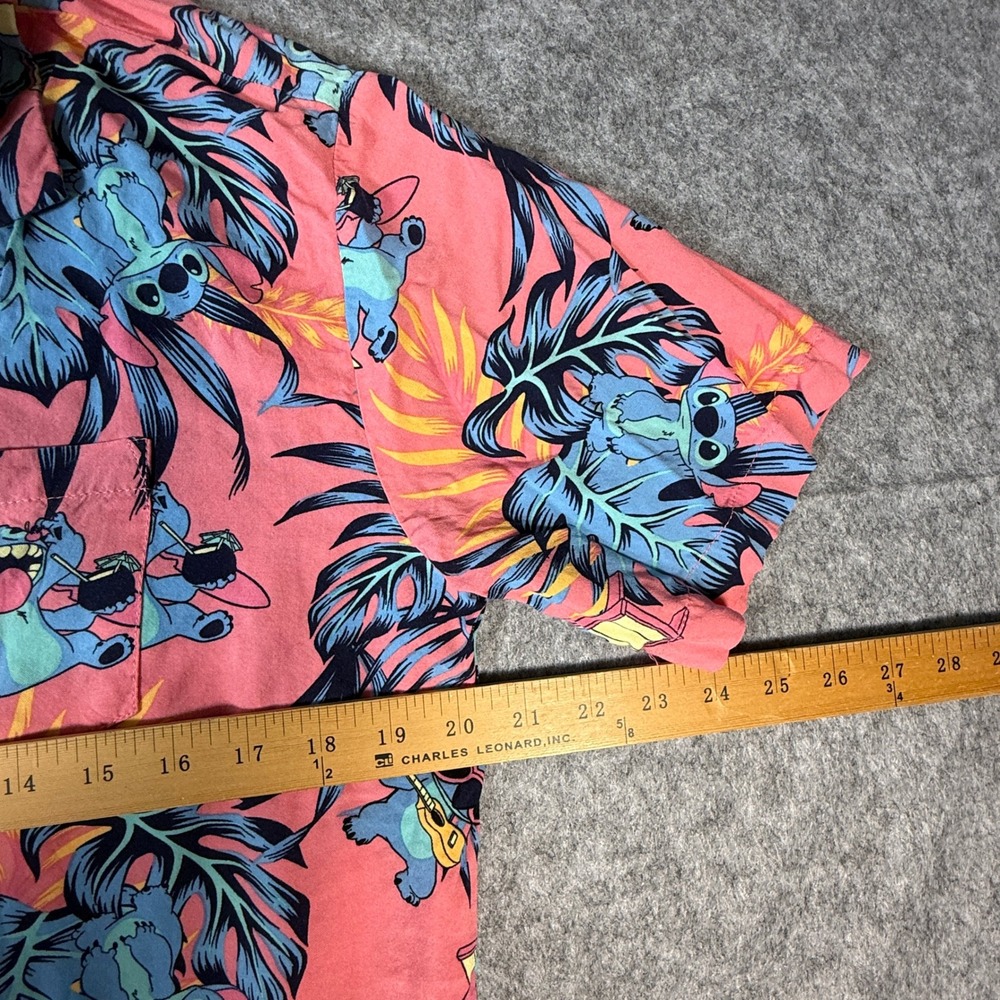 Disney Stitch Shirt Mens Medium Pink Tropical Hawaiian Button Down Short Sleeve - Picture 8 of 9